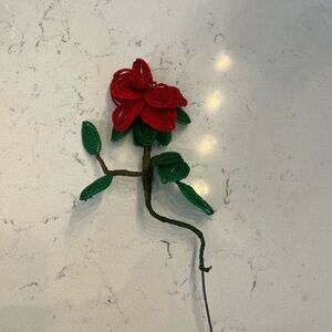 Vintage Handcrafted RED BEADED Flowers Leaves Glass Seed Beads Wired 8”